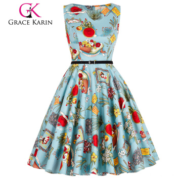 Grace Karin Großhandel ärmellosen Frauen kurz billig 50s Vintage Baumwolle Druck Sommer Kleider CL6086-42